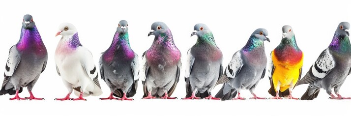Pigeons. Group of Funny and Curious Birds Isolated on White Background