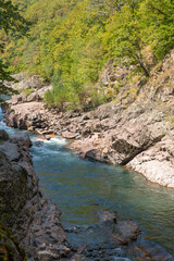 A stormy mountain river flowing in a narrow rocky gorge