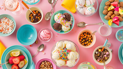 a customizable ice cream sundae bar, with an array of ice cream flavors, toppings like sprinkles, nuts, chocolate syrup, and fruit, all set on a bright, summery table with pastel napkins and spoons