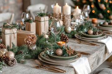 Elegant New Year's table setting with gifts and holiday decorations