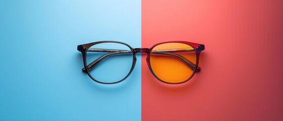 Black framed glasses on a blue and red background.