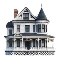 Fototapeta premium PNG Victorian-style house with a turret and wraparound porch during daylight