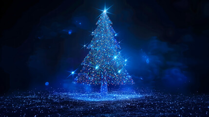 Árbol de Navidad iluminado con luces azules en la oscuridad
