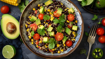 a quinoa and black bean salad, with avocado, corn, cherry tomatoes, and cilantro, arranged in a stylish, modern kitchen setting with natural light