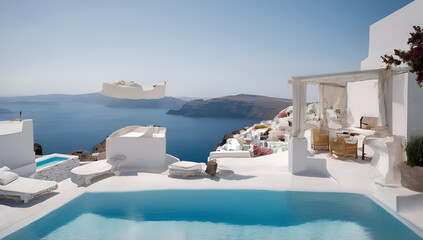 Obraz premium Modern patio and infinity pool overlooking ocean at luxury home, Generative AI 