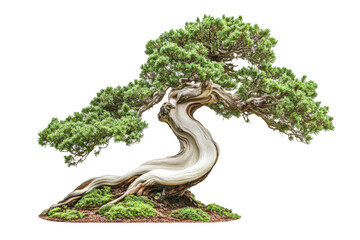 Stunning portrayal of a unique juniperus bonsai tree, showcasing intricate details, isolated against a clear backdrop, ideal for plant enthusiasts and decor.