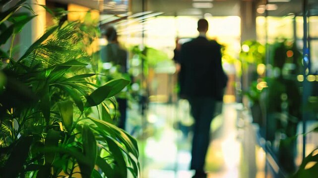 People walking on green office space, motion blur effect, environment concept