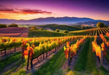 Naklejka premium breathtaking vineyard landscape featuring rolling hills under twilight sky vibrant colors serene atmosphere, nature, scenery, grapes, wine, fields, green