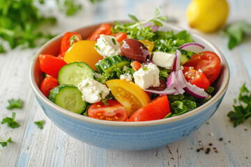 A fresh Mediterranean salad bowl with vegetables, olives, feta, and lemon dressing.