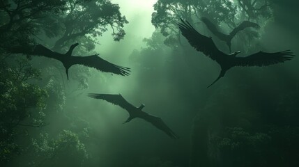 Birds Flying Through Foggy Forest