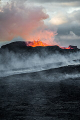 volcano in Grindavik erupting and lava magma flowing to the hills of iceland