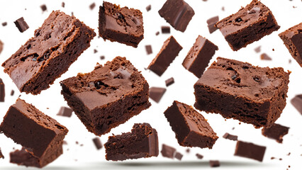 Pieces of chocolate brownies floating or falling isolated on transparent background