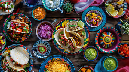 a vibrant taco bar setup, featuring soft tortillas, a variety of fillings like grilled chicken, beef, and vegetables, with bowls of toppings such as guacamole, salsa, sour cream, and cheese, all arran