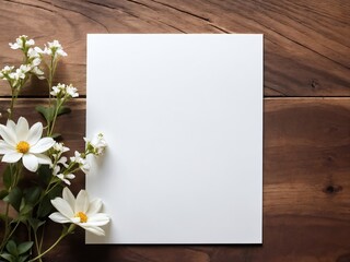 Blank white paper surrounded by fresh flowers on rustic wooden table
