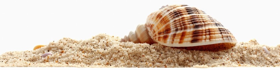 Shell In Sand. Sea Animal Seashell on White Background