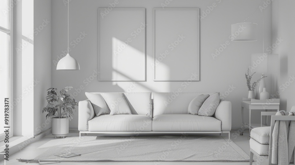 Sticker White interior with sofa, armchair, posters, lights, and carpet.