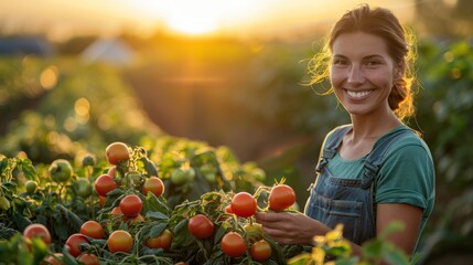 Happy Farmer Woman Harvesting Tomatoes in a Golden Sunset