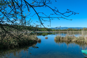 Serene lake scene at Kleinsee in Klopein, Carinthia, Austria. Crystal-clear blue water reflecting vibrant blue sky. Lush green trees line shore. Hiking trail along lakeshore. Peaceful Atmosphere