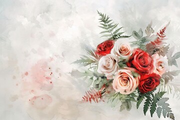 watercolor romantic beautiful wedding bouquet of white and red roses and fern with copy space