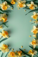 vertical yellow daffodils flowers frame on blue background top view, beautiful floral template with copy space