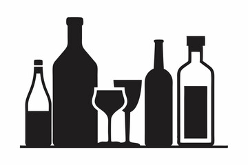 alcohol bottle and glass silhouette, beer silhouette, glass beer bottle icon