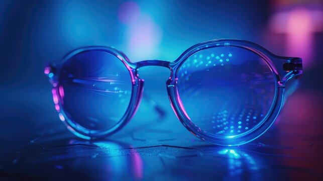 Clear round glasses with blue and purple reflections, a futuristic aesthetic.