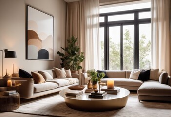 Fototapeta premium inviting modern living room featuring sleek warm stylish decor cozy atmosphere, contemporary, interior, ambiance, furniture, lighting, arrangement, comfortable