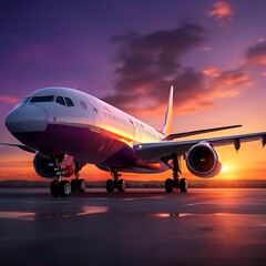 Obraz premium Low angle view of airplane on ground with beautiful sunset sky background