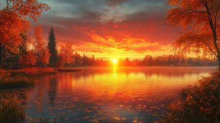Fototapeta premium Stunning Autumn Sunset Over a Tranquil Lake Surrounded by Colorful Foliage, Capturing the Warm Glow and Serene Beauty of the Season