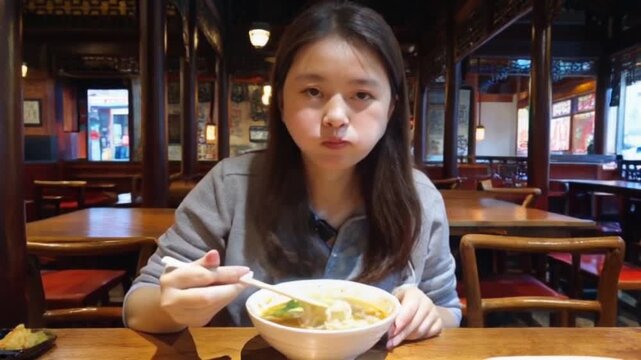 Woman eating noodle soup by chopstick