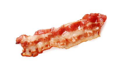 Slice of tasty fried bacon isolated on white, top view