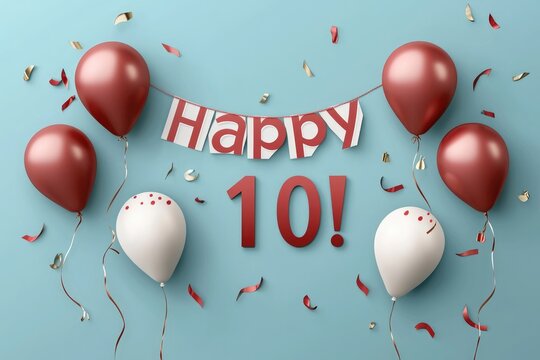 Decade celebration: text happy 10 years, a significant milestone with joyous festivities, decade of memories, achievements, and growth, and future successes