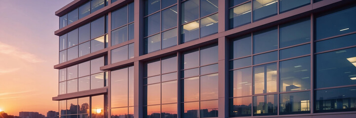 Sleek facade of office building reflects glow of sunset against city skyline