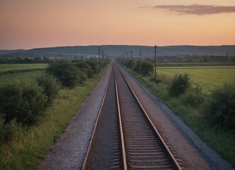 Obraz premium The sun is slowly setting behind the distant train tracks in view