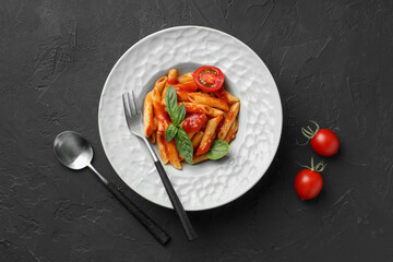 Delicious pasta with tomato sauce and basil served on black textured table, flat lay