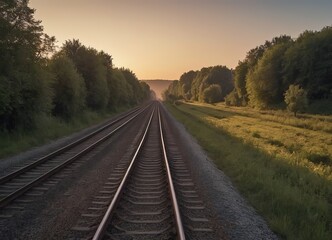 Obraz premium The sun is slowly setting behind the distant train tracks in view