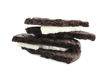Broken tasty sandwich cookie isolated on white