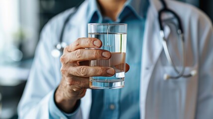 Close-up of a doctor's hand holding a glass of water.  The image emphasizes the importance of hydration for healthcare professionals.