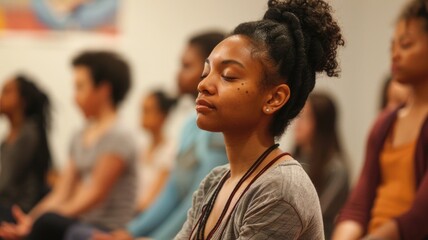 A young woman with closed eyes meditates in a serene group setting