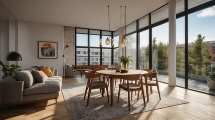 Fototapeta premium modern open living room with panoramic view and floor-to-ceiling windows