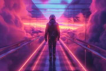 Obraz premium Futuristic Space Elevator Transports Adventurer Through Neon Clouds at Dawn