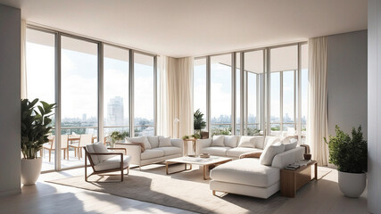 modern open living room with panoramic view and floor-to-ceiling windows