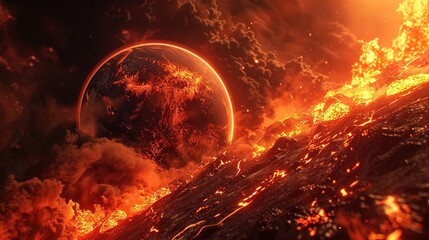 3D illustration of The last seconds of the planet Earth dying in fire, fire and lava across the entire surface.