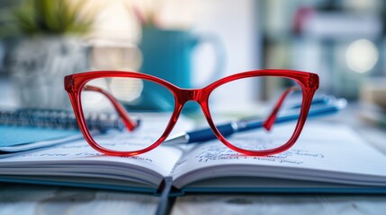 Red Glasses on Open Notebook
