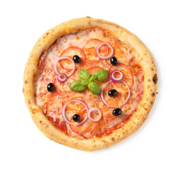 Delicious vegetarian pizza isolated on white, top view