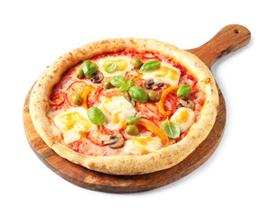 Delicious vegetarian pizza with fresh basil isolated on white