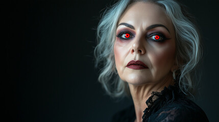 Fototapeta premium Elderly Woman with Glowing Red Eyes and Gothic Makeup on Dark Background