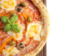 Delicious vegetarian pizza isolated on white, top view