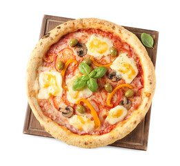 Delicious vegetarian pizza isolated on white, top view