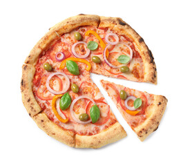 Cut delicious vegetarian pizza isolated on white, top view